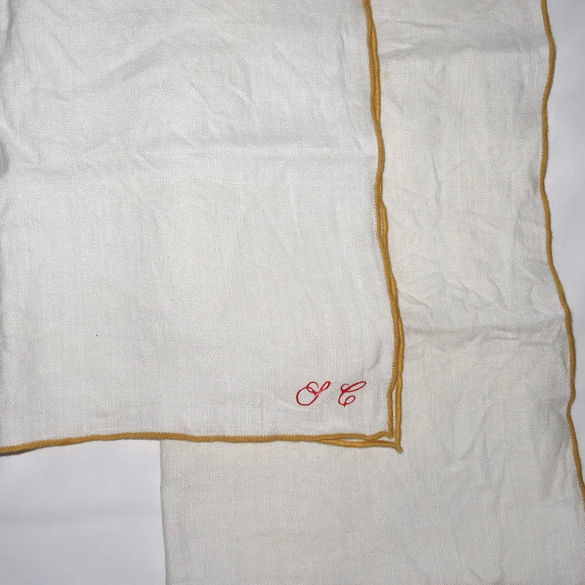 Monogrammed vintage linen napkins with custom initials Mustard piping