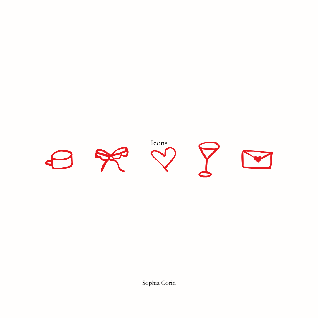 Set of red icons on a white background with 'Icons' text and 'Sophia Corin' credit.