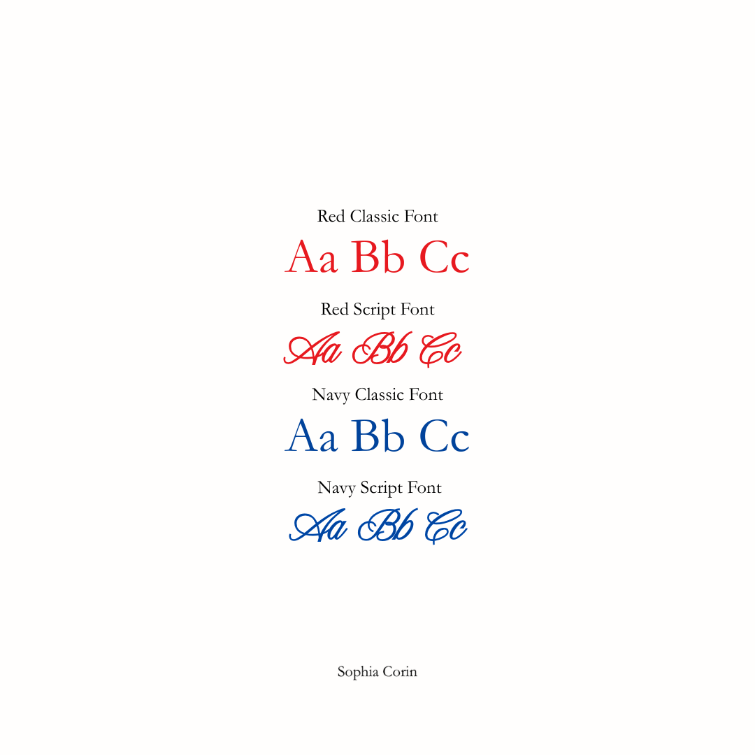 Comparison of red and navy classic and script fonts on a white background