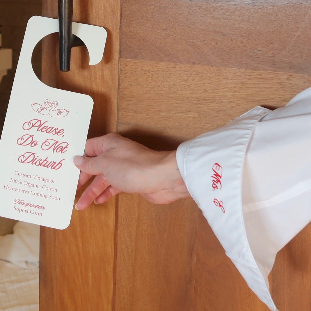 Hand holding a 'Please Do Not Disturb' sign on a wooden door.