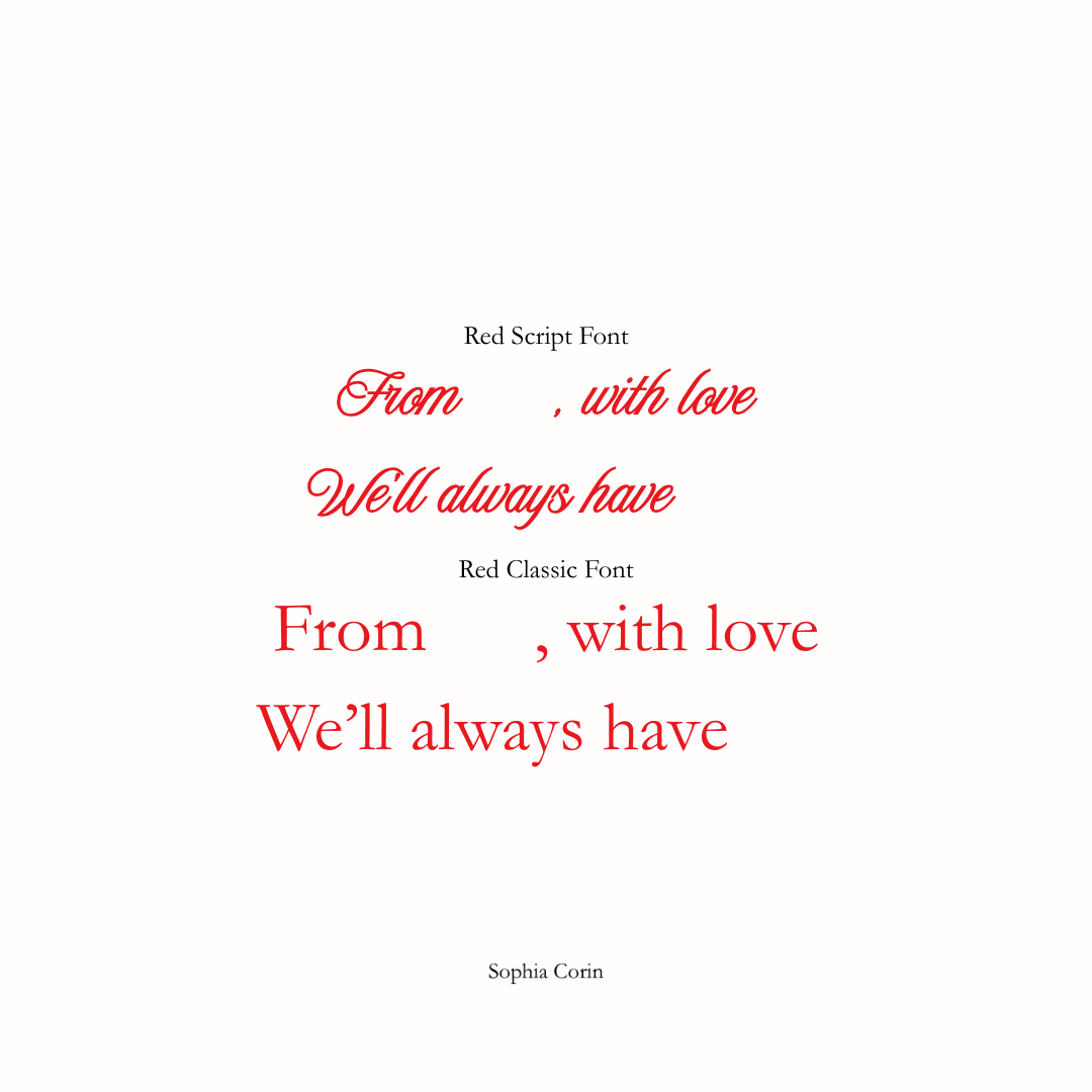 Text comparison between 'Red Script Font' and 'Red Classic Font' on a white background.