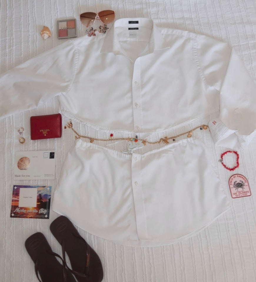 upcycled vintage button-up shirt and mini skirt matching set