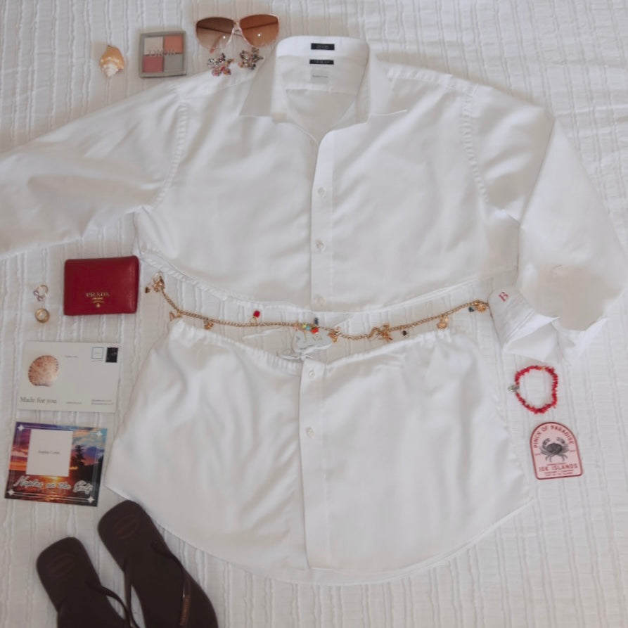 white button up cropped shirt mini skirt set