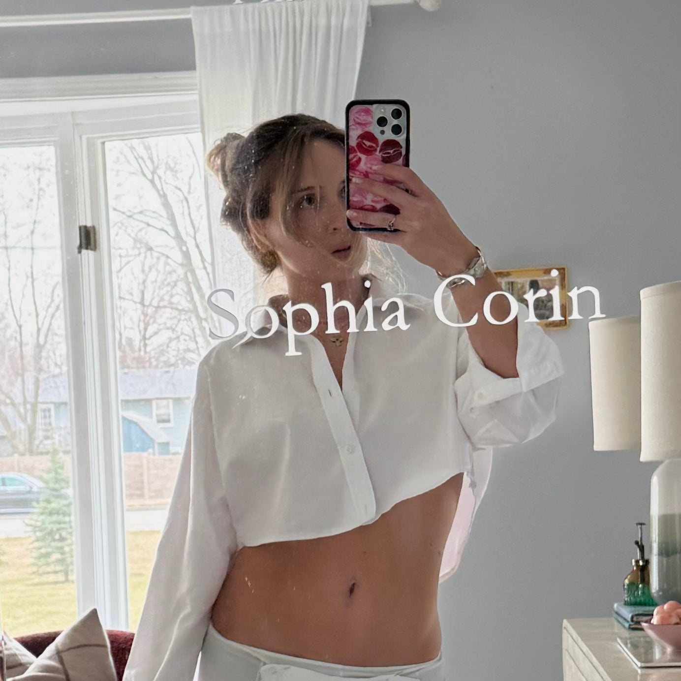Mirror pic of the crop top white shirt button up vintage upcycle